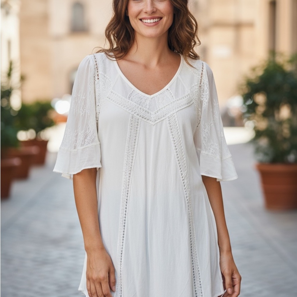 Anja Sun Suko White Boho Lace Tunic Top – Size S